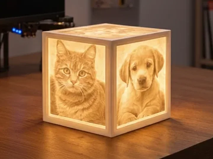 Lámpara litofanía en forma de cubo con fotos de un gato y un perro